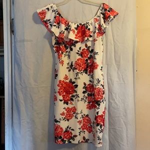 White flower Red,Black& Grey knee lengthover layer on or off the shoulder dress